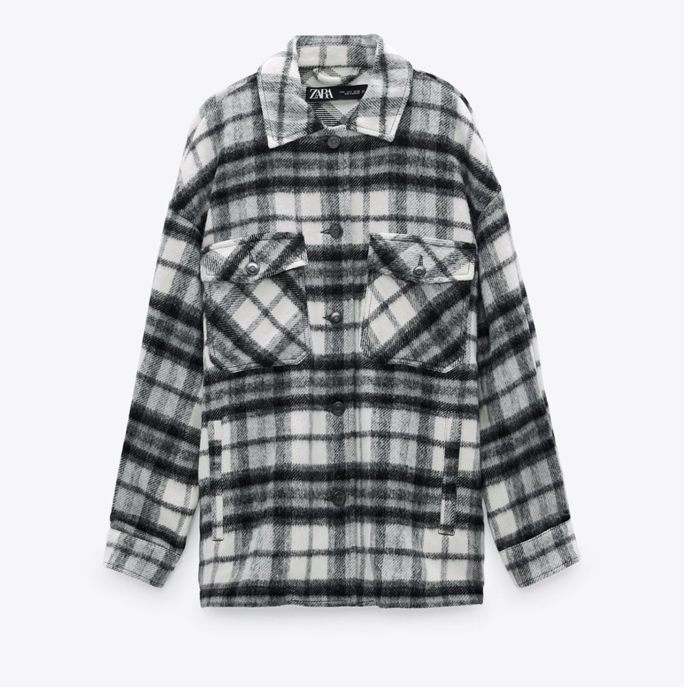 NWOT Zara Wool Blend Plaid Overshirt black & white size XS